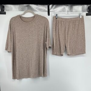 Y2K 90s Style Soft Girl Loungewear Tan Minimalist Causal Loungewear Set Sz L
